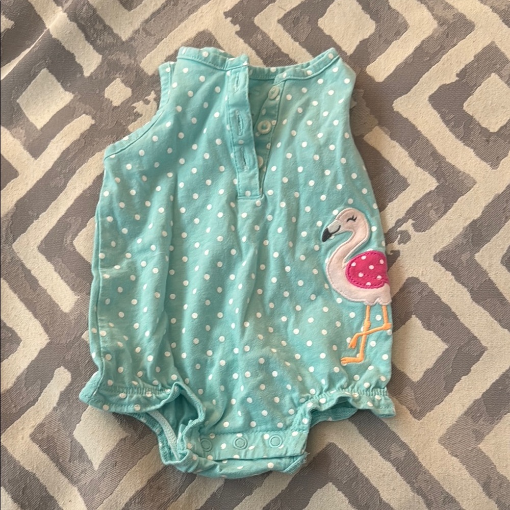❤️ 7 for 20 ❤️ Aqua Polka Dot Baby Romper with Flamingo Design